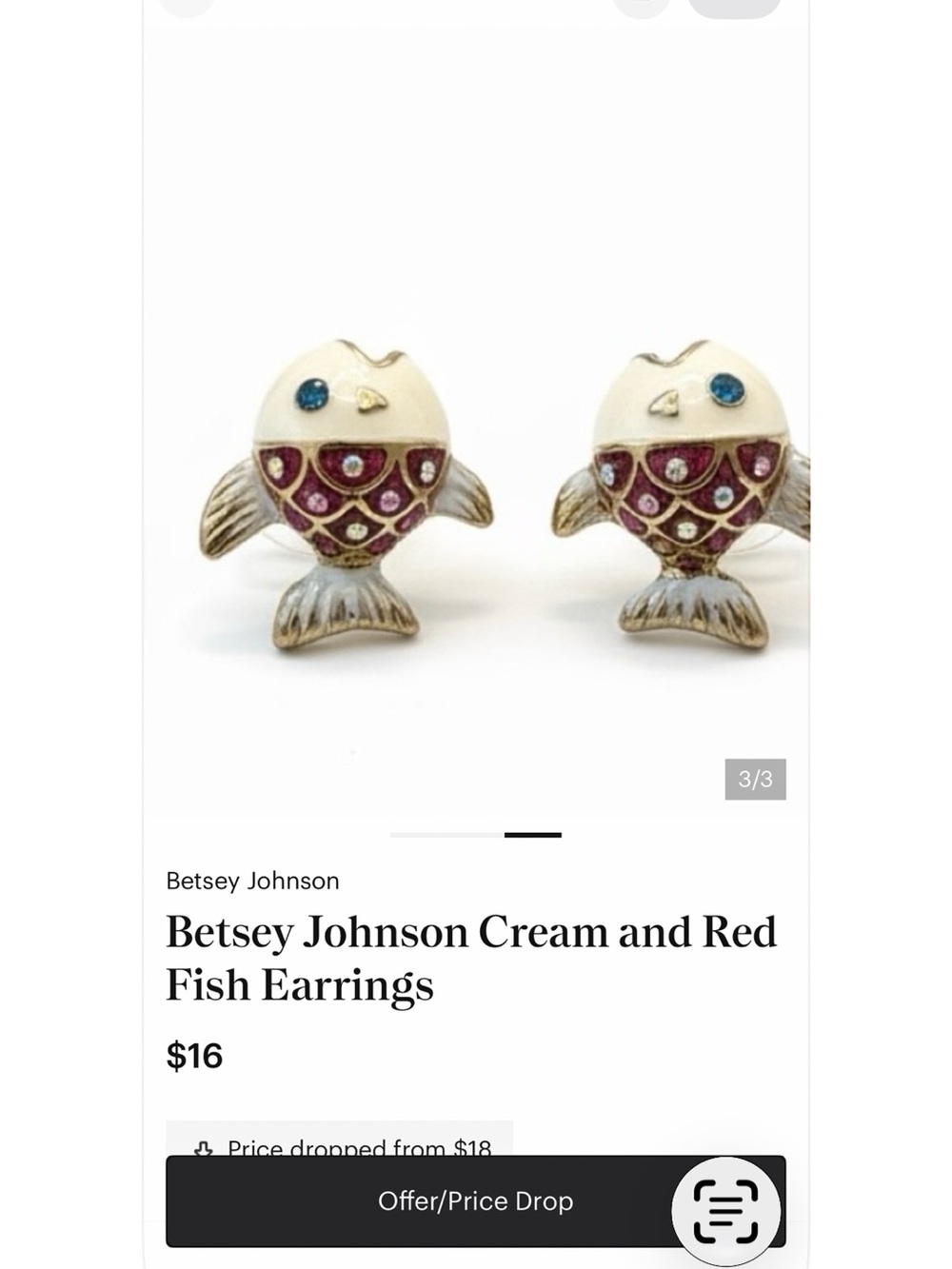 Betsey Johnson Cream Fish Earrings with Red Scale Accents and Blue Eyes